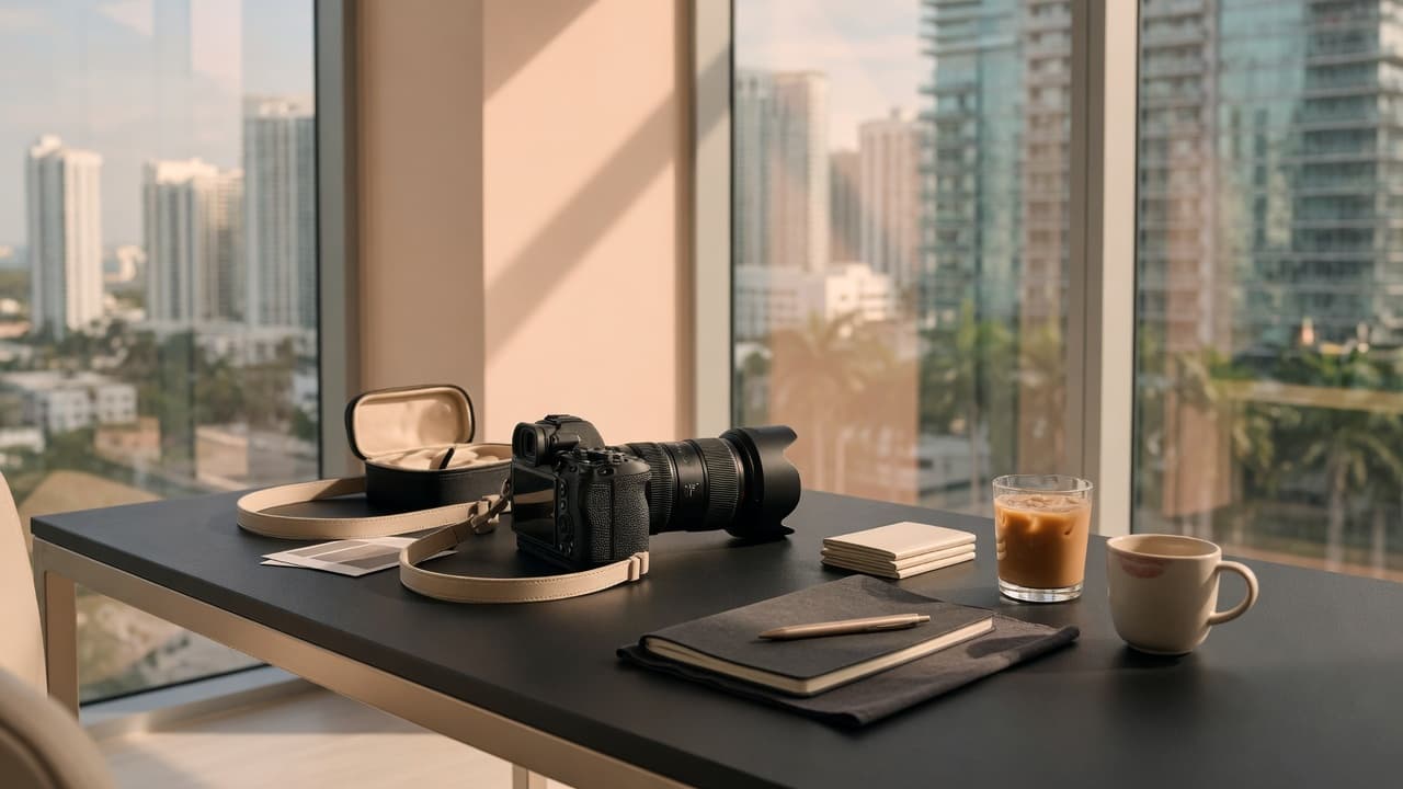 Escritorio de estudio fotográfico en Miami con luz natural